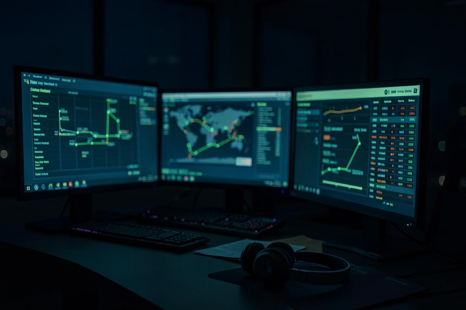 A dispatcher's workstation at The Plug with route maps glowing on the screen at night