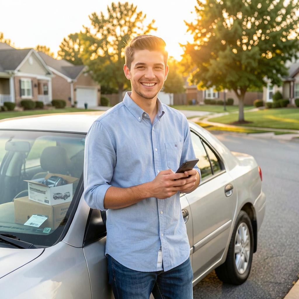 An independent The Plug driver standing by his car, ready for his next local store delivery
