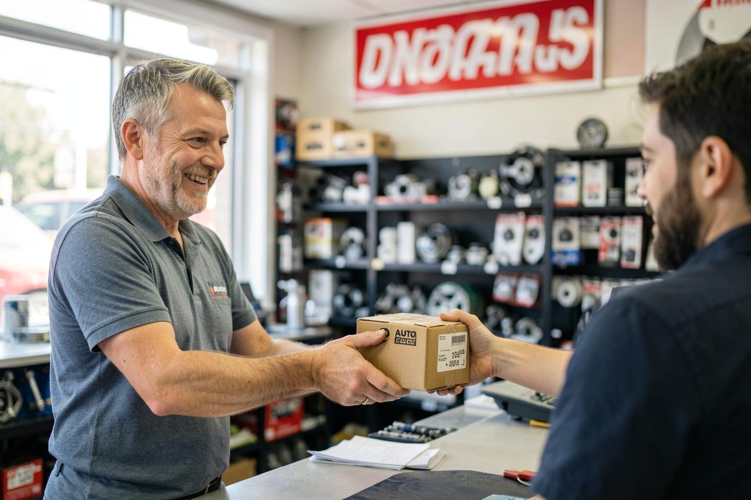 A The Plug driver handing a box of auto parts across the counter to a store employee