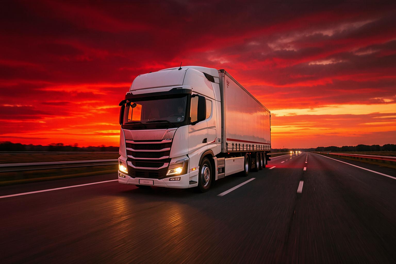 A truck driving an open highway at dusk under a red sky