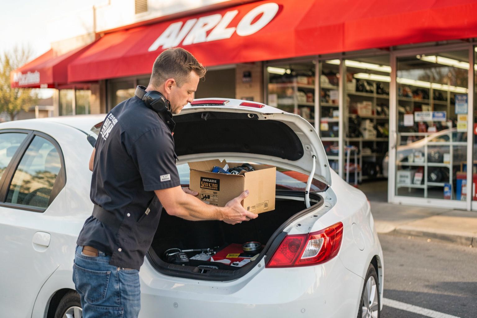 A The Plug driver loading a box of auto parts into his car outside an auto parts store